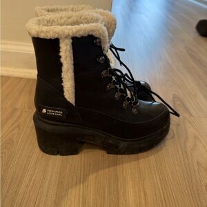 Karl Lagerfeld Black Lace-Up Platform Boots with Cream Shearling Trim